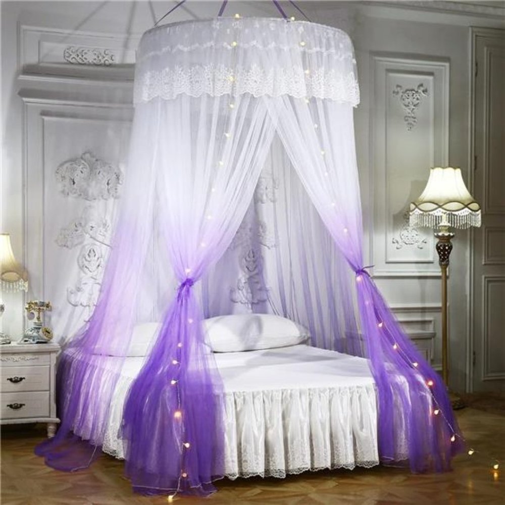 Princess Bed Canopy with Lights Round Dome Bed Curtains Mosquito Net